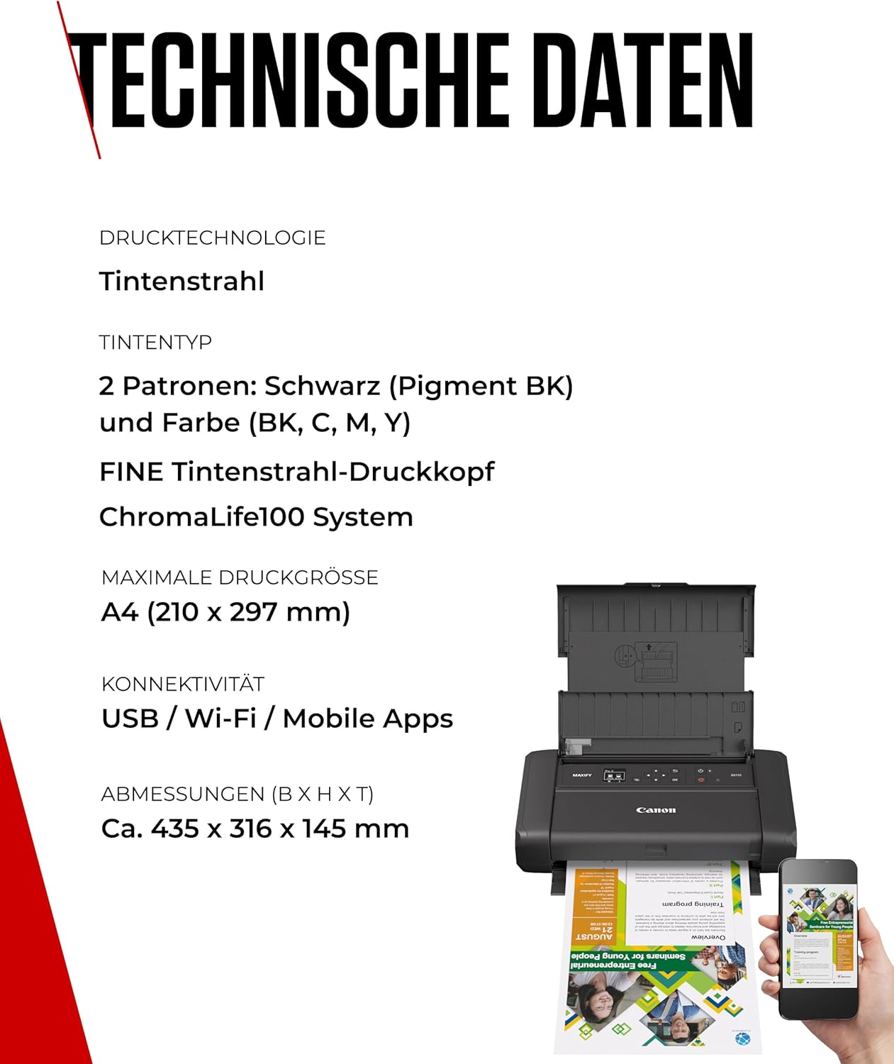 Canon PIXMA TR150 stampante portatile con batteria (Wi-Fi, cloud, AirPrint, 4.800 DPI x 1.200 DPI, USB 2.0 ad alta velocità tipo C, display OLED, stampante a getto d'inchiostro), nero