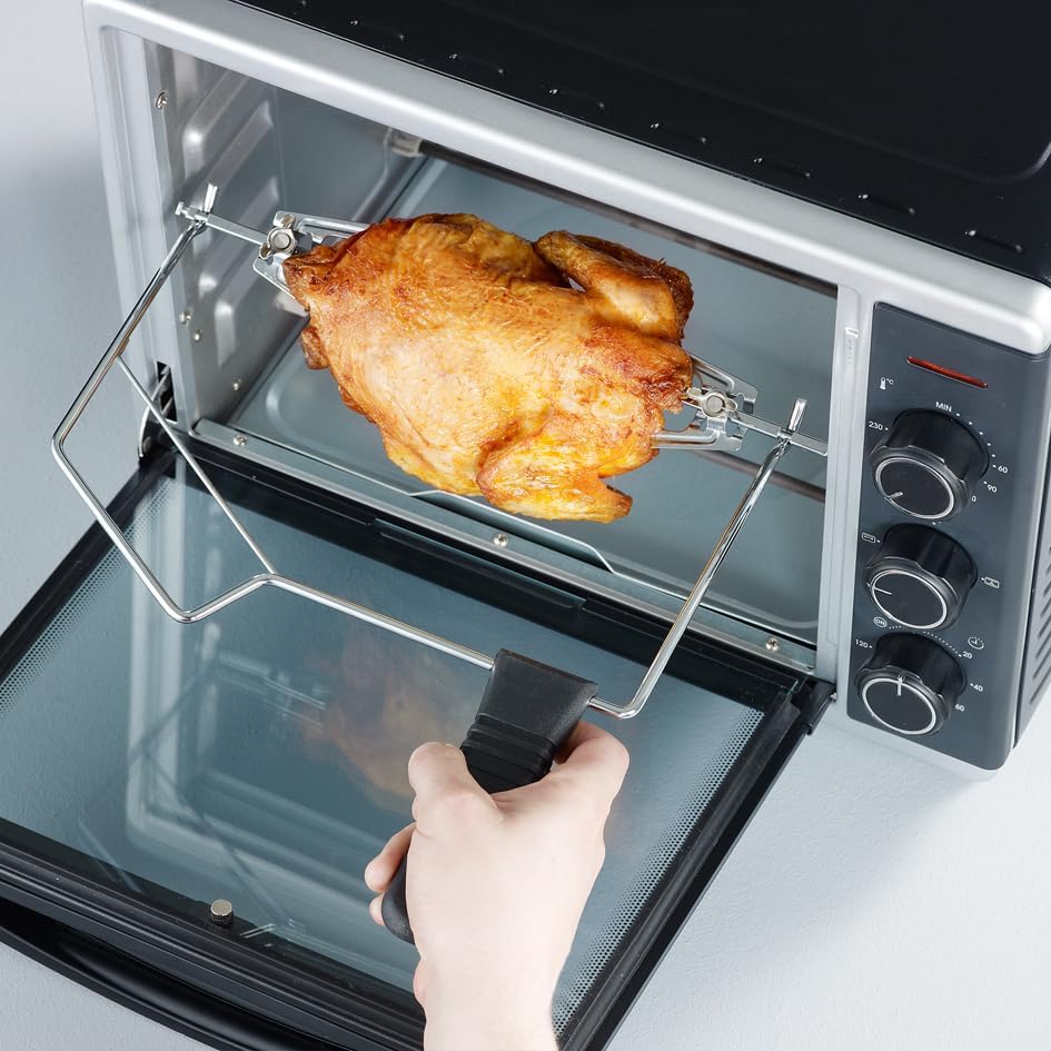 SEVERIN Forno e Tostapane con funzione ventilata, Mini Forno con griglia, teglia da forno, spiedo rotante e pietra per pizza, forno ventilato versatile con capacità di 42 L, 1.800 W, nero, TO 2058