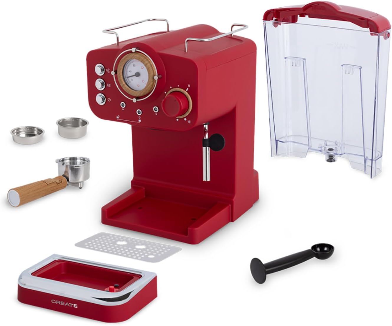 CREATE / THERA RETRO/Macchina da caffè espresso semiautomatica Rosa Pastello Opaco e Legno / Pompa a pressione 20bar, 1100W, Serbatoio acqua 1.25L, per caffè macinato, cialde ESE 55mm, con vaporizzatore, 1100W