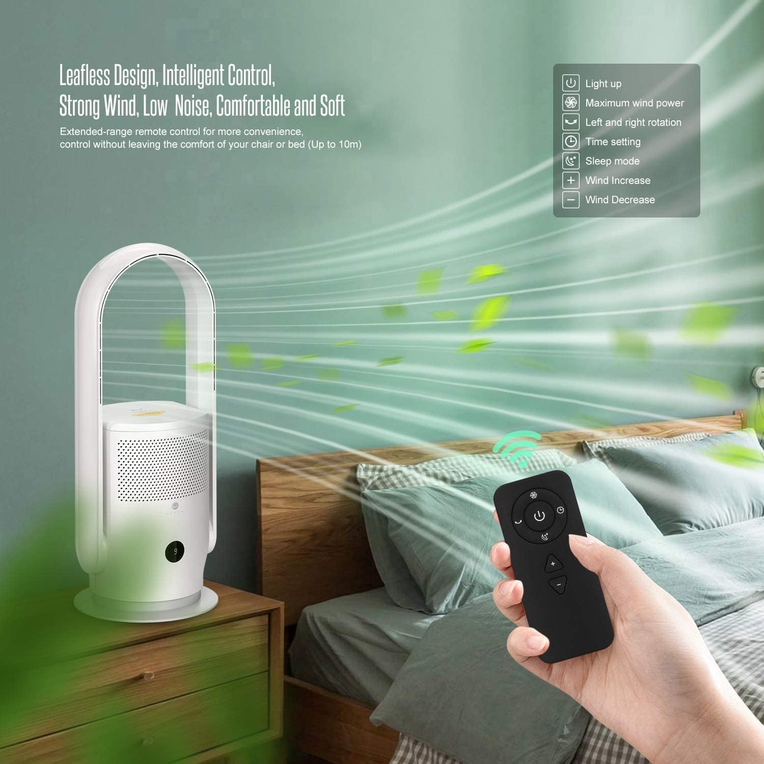 Ventilatore senza pale con purificatore d'aria, ventilatore a torre silenzioso Ultty con telecomando, touch, timer 8H, filtro HEPA 99,97%, ventilatore senza pale oscillante a 90° e alto 80 cm per camera da letto e casa, CR022 Bianco