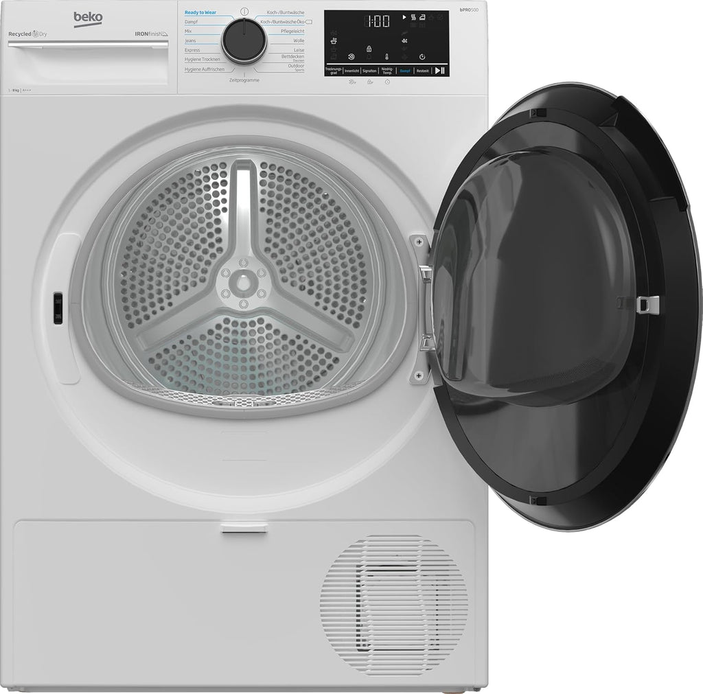 Beko B5T4824IF bPRO Asciugatrice 500 W, 8 kg, Carica Frontale, Pompa di Calore, Adatta per chi soffre di allergie, 15 Programmi, Funzione Vapore, Antipiega, Programma Silenzioso, Cesto AquaWave, Bianco
