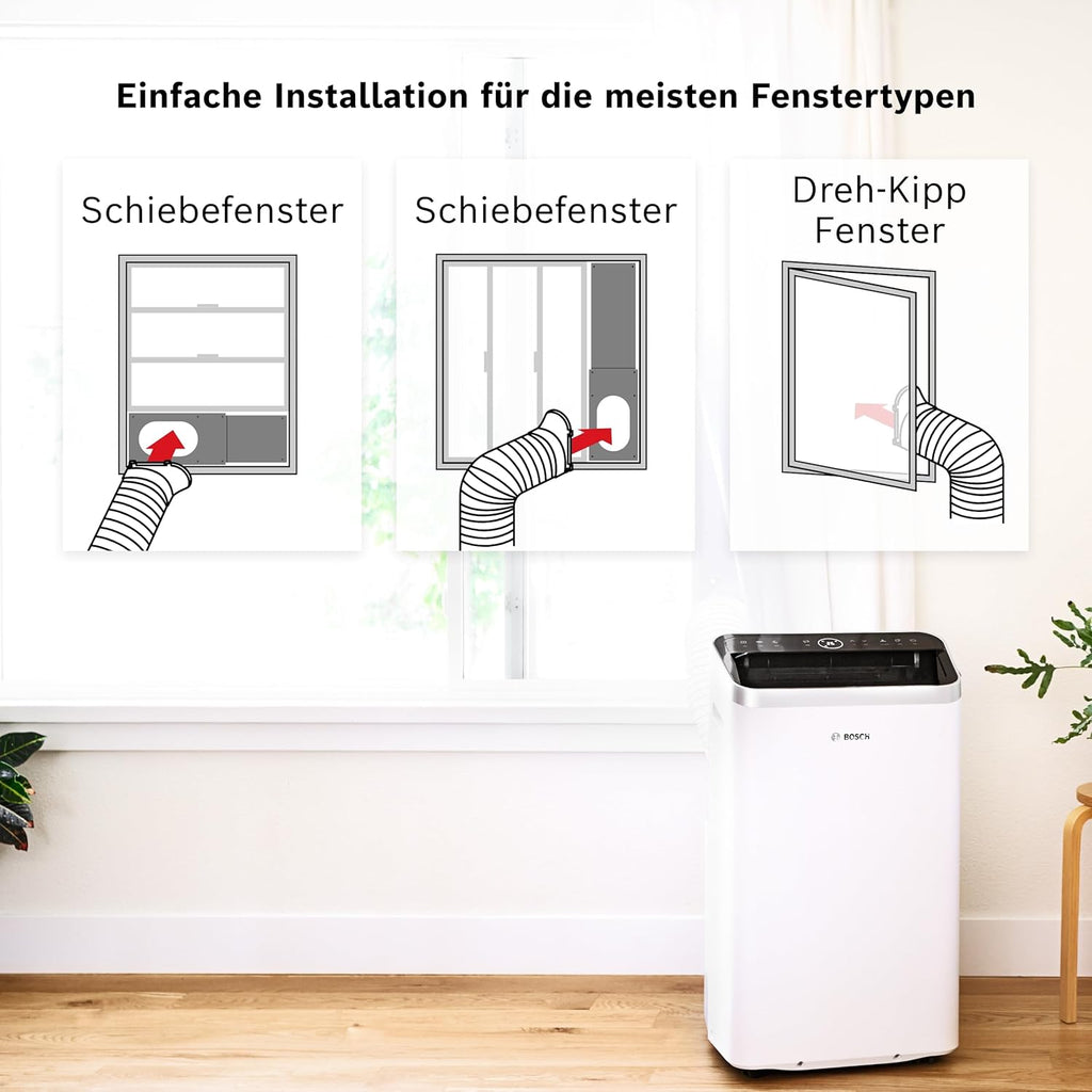 Bosch Cool 4000 Climatizzatore Mobile - 3-in-1: Climatizzatore, Deumidificatore, Ventilatore - 2,6 kW per ambienti fino a 35m² - Con modalità automatica, silenziosa e notturna