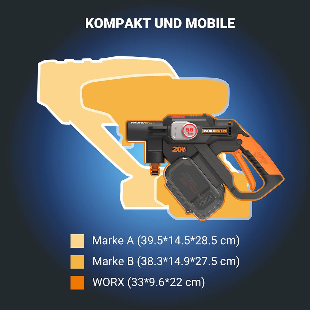 WORX Nitro Hydroshot Idropulitrice a batteria 18V(20V MAX) WG633E.1, PowerShare, pulizia di terrazze e auto, max. 56 bar, 220 l/h, con accessori, batteria 4,0 Ah e caricabatterie Arancione e Nero