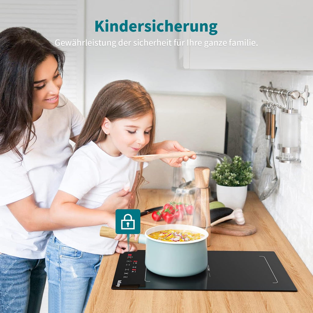 IsEasy 4 Zonen Einbau Induktionskochfeld mit 9 Leistungsstufen &1-99Min Timer, Boost-Funktion, Induktionskochplatte, Induktion Herdplatte mit 4 Platten, 60cm, 6800W, Schwarz