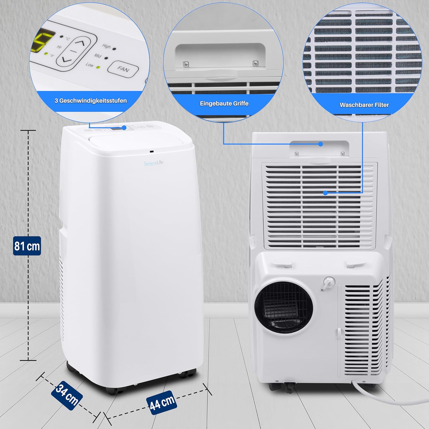 SereneLife Climatizzatore portatile, dispositivo di raffreddamento ad aria mobile 3 in 1 con tubo di scarico - Refrigeratore ad aria, deumidificatore e ventilatore, climatizzatore 9.000 BTU, 1,5 L umidità/ora, raffredda ambienti fino a 42 m