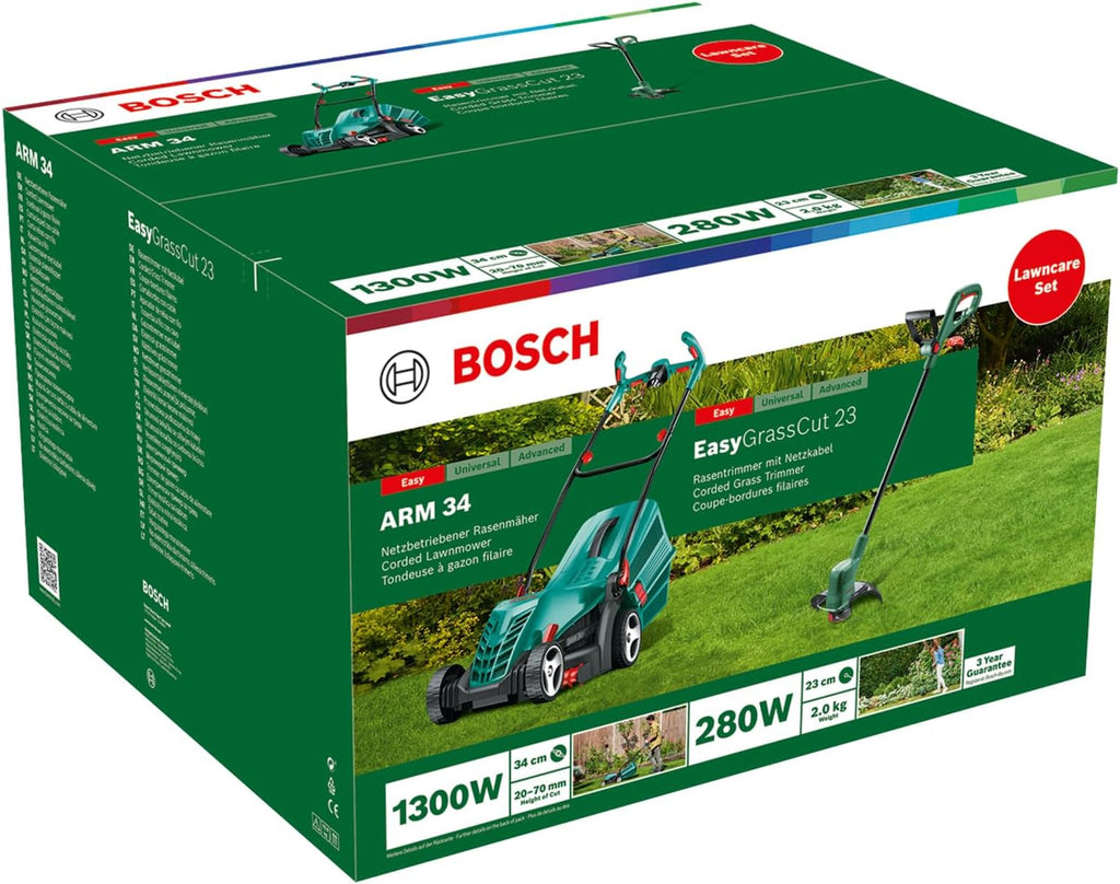 Bosch Tosaerba Elettrico ARM 34 (Box Raccoglierba, Scatola di Cartone, Altezza di Taglio: 20-70 mm, Larghezza di Taglio: 34 cm, 11 kg, 1.300 W)