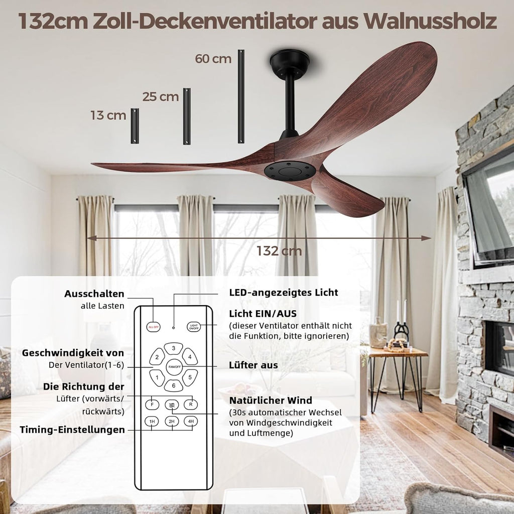 Biukis - Ventilatore da soffitto da 152 cm con telecomando, 6 velocità, motore DC reversibile per uso tutto l'anno, adatto per esterni, giardino, soggiorno, camera da letto – Noce