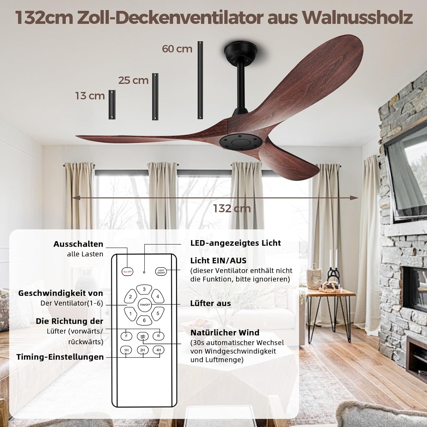 Biukis - Ventilatore da soffitto da 152 cm con telecomando, 6 velocità, motore DC reversibile per uso tutto l'anno, adatto per esterni, giardino, soggiorno, camera da letto – Noce