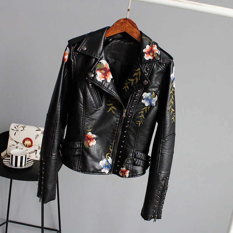 Floral leather jacket with artisanal detailing