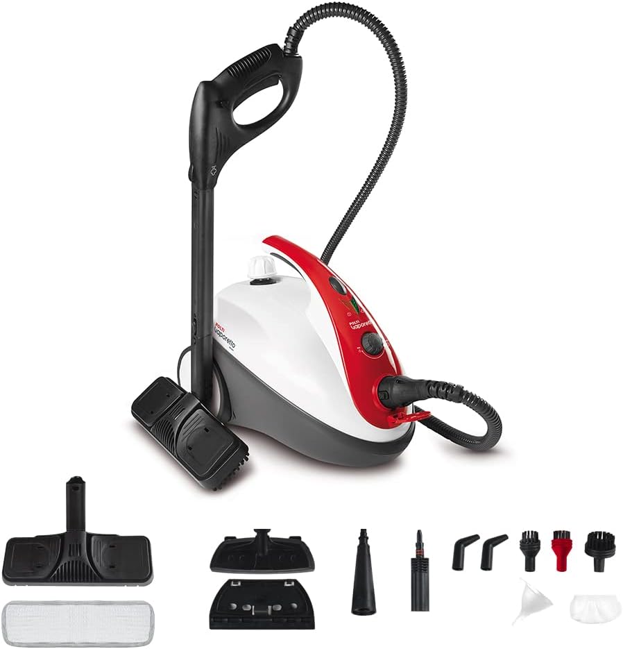 POLTI PTEU0268 Dampfreiniger   30 R mit Sicherheitsverschluss, maximal Druck 3,0 bar, Dampfausstoss bis zu 85 g/min, Aufheizzeit 8 Minuten, Anzeigesignal Druck bereit, Heizkessel aus Edelstahl, 39 x 25 x 29 cm, 1800 W, rot / weiss