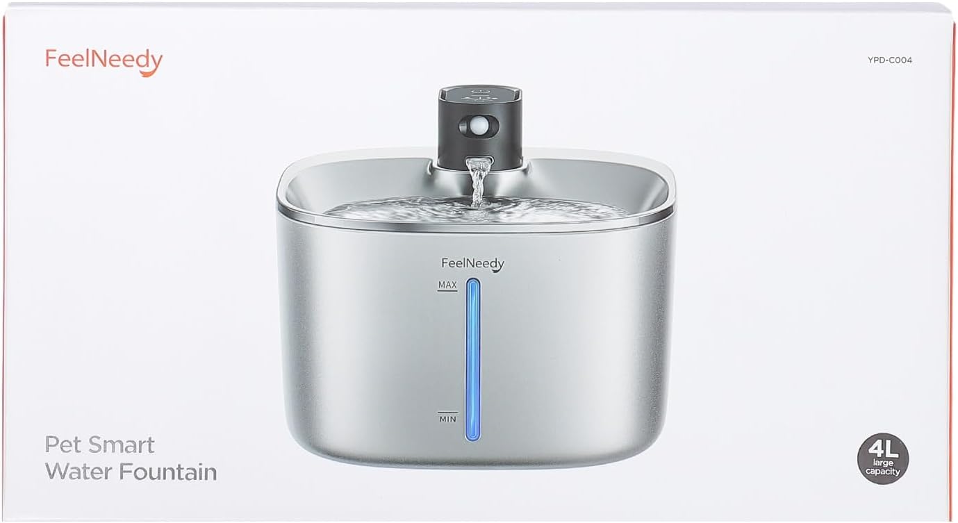 Fontana per Gatti Senza Fili con Sensore di Movimento a Batteria da 4000mAh, Fontana d'Acqua Silenziosa da 4L FEELNEEDY con Sensore di Movimento per Gatti e Cani Piccoli, Vasca d'Acqua in Acciaio Inossidabile, 2 Filtri