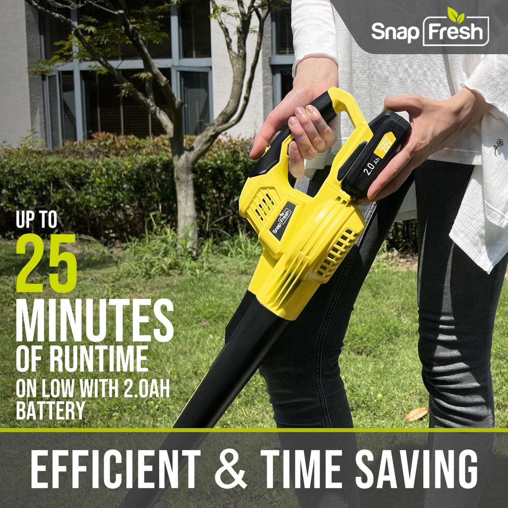 SnapFresh Soffiatore a Batteria 20V, Soffiatore Elettrico Senza Fili con Batteria e Caricabatterie - 210 km/h 240 m/h / 2 Velocità dell'Aria / Leggero Compatto 1,2 kg per Cura del Prato, Giardino, Cortile (Giallo)