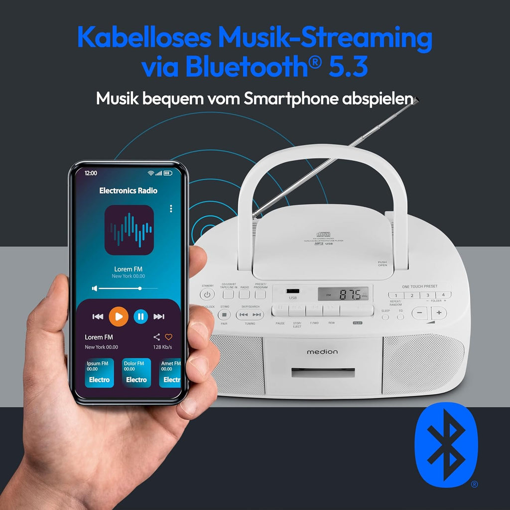 MEDION E65010 Radioregistratore stereo (lettore CD, cassetta, porta USB, ingresso audio AUX, riproduzione MP3, radio PLL FM, 40 stazioni memorizzabili, funzionamento a batteria, telecomando) bianco