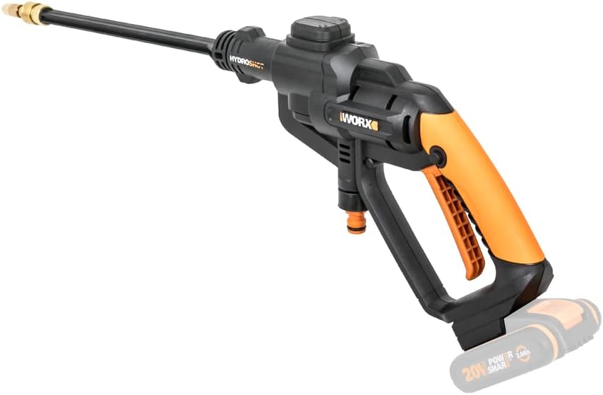 WORX WG620E.2 Akku Hochdruckreiniger Hydroshot 20V – Mobiler Hochdruckreiniger inkl. Multi-Sprühdüse, Waschbürste, Schaumdüse, Flaschenadapter, 6m Schlauch, Ladegerät & 20V Li-Ion Akku