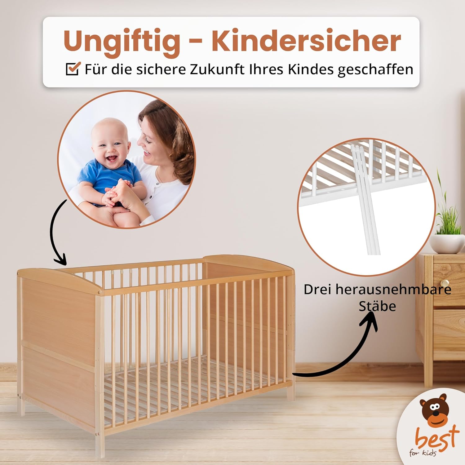 Best for Home - Baby Bett | Babybett 70x140 cm in Weiß und Braunfarbe | Junior Babybett Umbaubar | Cot ohne Matratze | Weiß Komplett Set Bebek Yatagi & Baby Cot | Babybett für Mädchen und Jungen
