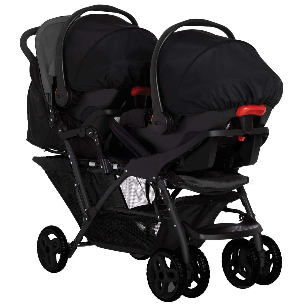 Graco Stadium Duo Passeggino Gemellare, 0-15 kg, utilizzabile anche con seggiolino auto, schienali reclinabili, pieghevole, sta in piedi da solo, ampio cestello portaoggetti, include vassoi portaoggetti, Titanium