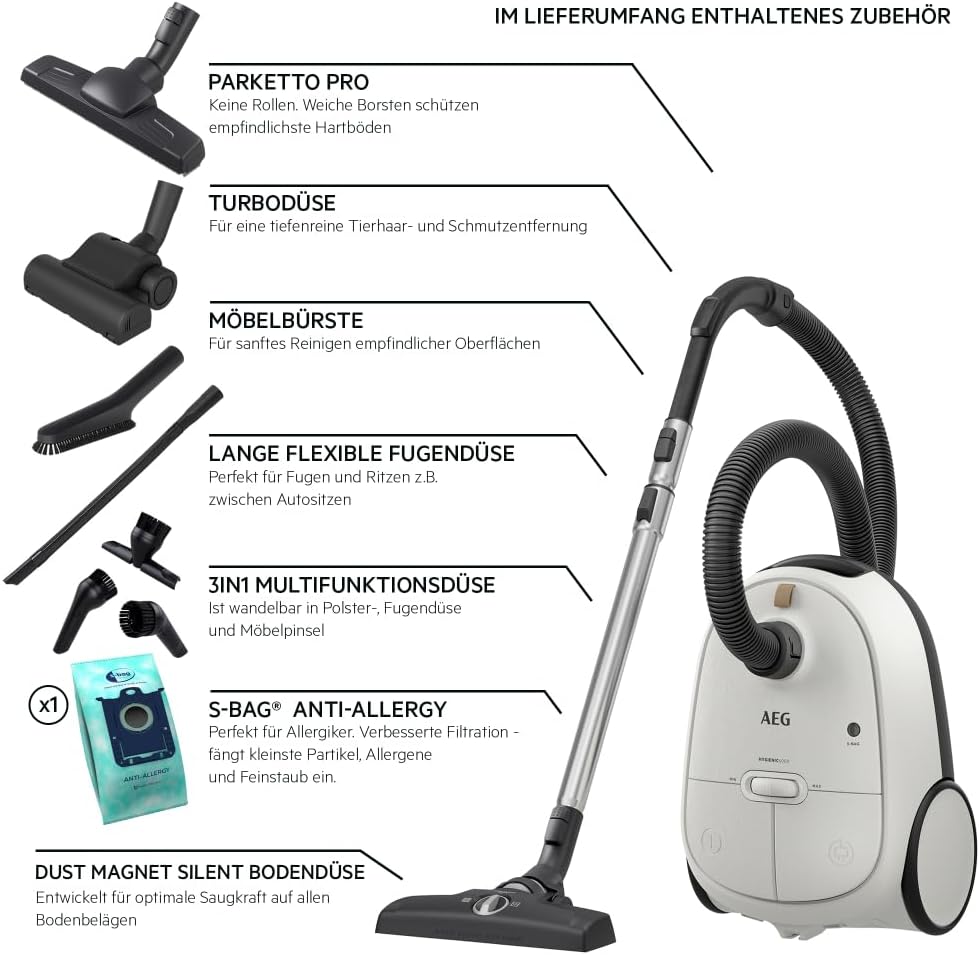 AEG CLEAN 6000 AB61C2DB Aspirapolvere con sacco / elevata potenza di aspirazione / include bocchetta per imbottiti / 50% plastica riciclata / ideale per proprietari di animali domestici / pulizia di tappezzeria / cavo da 12 m / 750 W / Blu