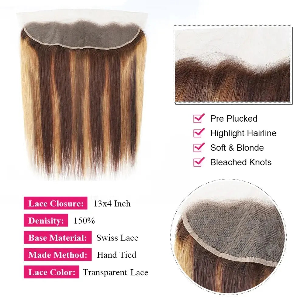 Fasci di capelli lisci brasiliani LavishBeauty con mèches P4-27 e frontal HD