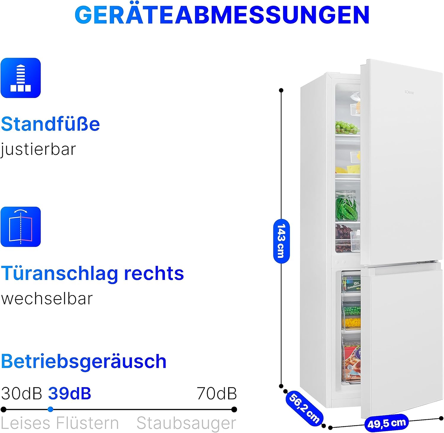 Bomann® Frigorifero con congelatore alto 143cm | Combinazione frigo-congelatore 175L con 3 ripiani e 3 cassetti | Porta reversibile | Combinazione frigo-congelatore silenziosa 39dB | Frigorifero KG 322.1 acciaio inox-look