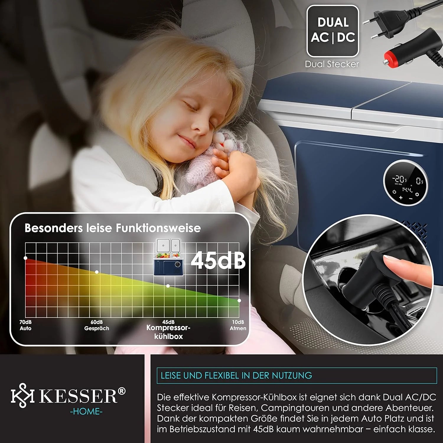 KESSER® Frigorifero portatile a compressore 2in1 doppia zona frigo e congelatore, congelatore elettrico con 2 accumuli di freddo e controllo touch LED | Refrigerazione fino a -20 °C per campeggio, auto, camion 12/24V 230V