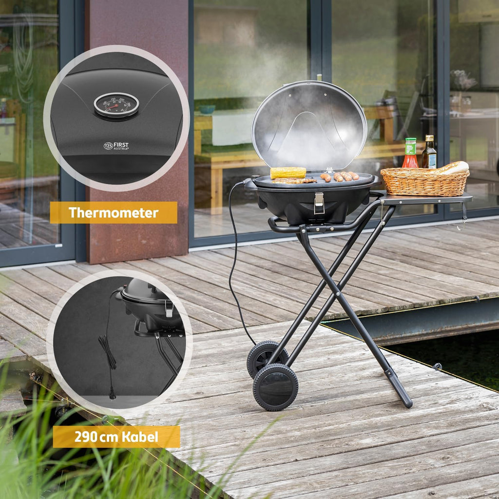 TZS First Austria Grill Elettrico 2in1 – Barbecue Elettrico Pieghevole ed Estremamente Stabile per Balcone – Grill da Tavolo Rimovibile da 2400 Watt con Coperchio, Piedistallo e Ruote, Plastica/Metallo – con Termostato