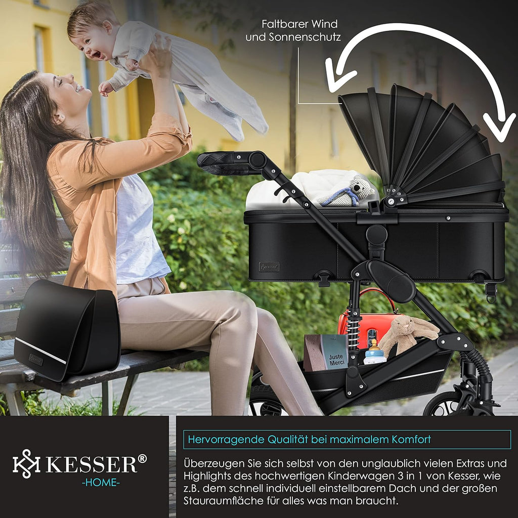 KESSER® Loops Passeggino Trio 3 in 1, Set Completo con Navicella, Seduta Passeggino e Seggiolino Auto Ovetto, Ruote in Gomma Piena, Borsa Fasciatoio, Parapioggia, Tavolino, ECE R129, Nero/Champagne