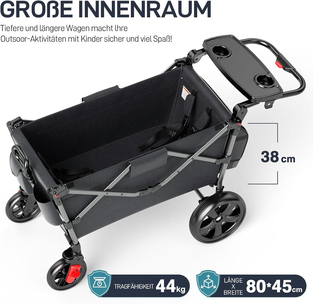 EVER ADVANCED Carretto per 2 bambini pieghevole con tetto, passeggino con cinture di sicurezza a 5 punti, zaino fasciatoio, carretto con sedile, carrello di trasporto, spinta e trazione, freno a pedale