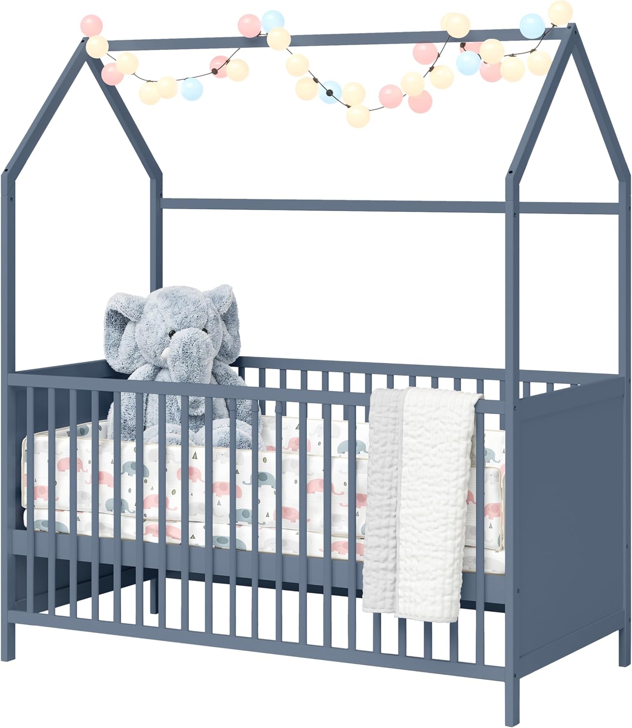 Bellabino Nika Lettino a capanna 70 x 140 cm, letto con sbarre e lettino a capanna per bambini e neonati in pino massiccio bianco, regolabile in altezza su 3 posizioni, incl. rete a doghe