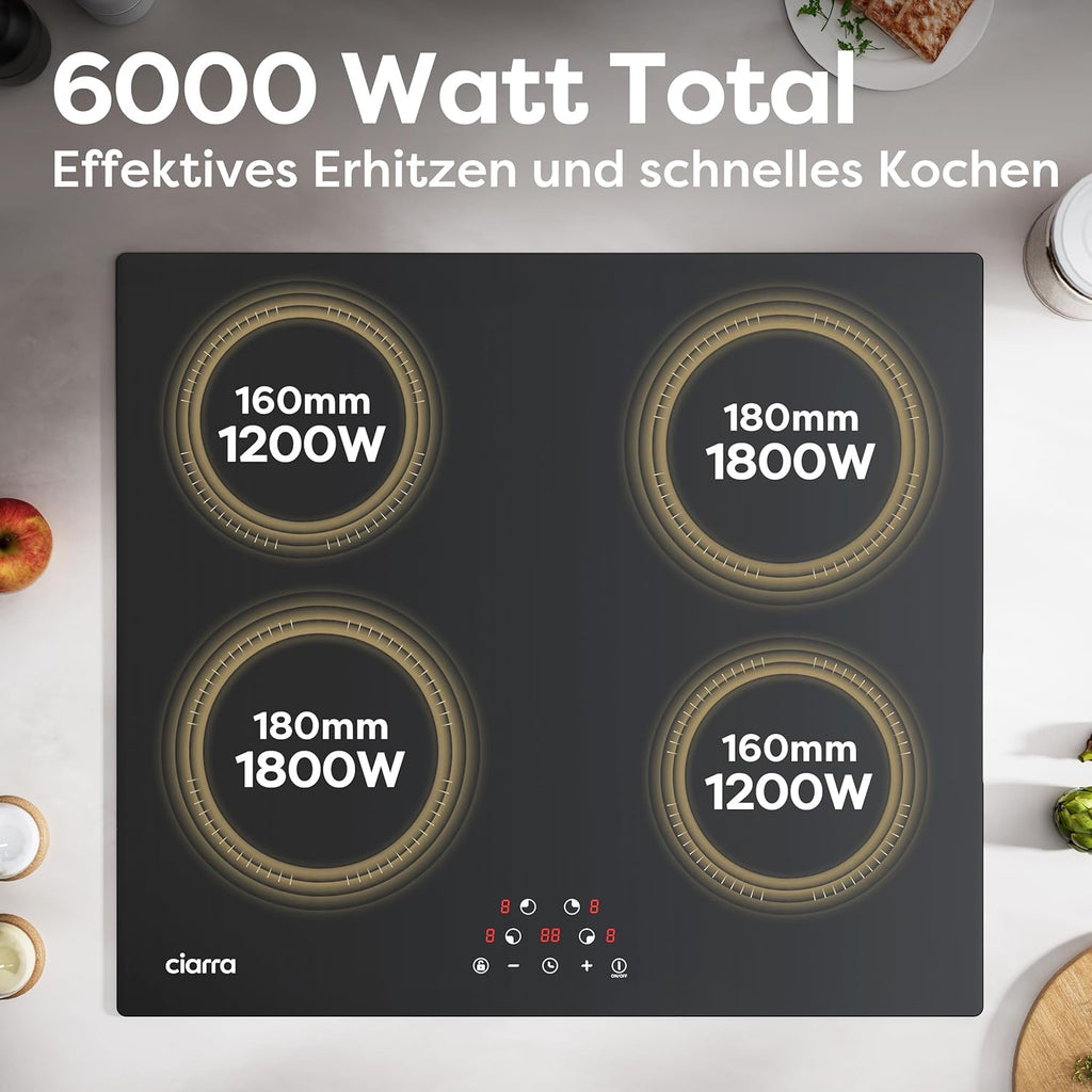 Ciarra CABBIH4-C 4 Zonen Einbau Induktionskochfeld 60cm Kochfeld Induktion Herdplatte Touch-Bedienung mit 4 Platten 9 Leistungsstufen Induktionskochplatte Timer 6000W