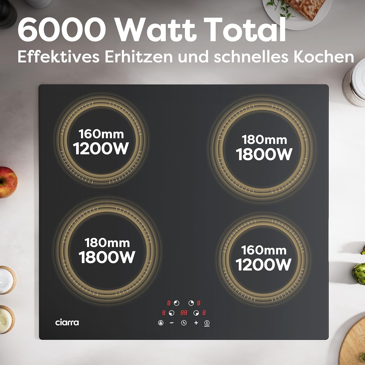 Ciarra CABBIH4-C 4 Zonen Einbau Induktionskochfeld 60cm Kochfeld Induktion Herdplatte Touch-Bedienung mit 4 Platten 9 Leistungsstufen Induktionskochplatte Timer 6000W