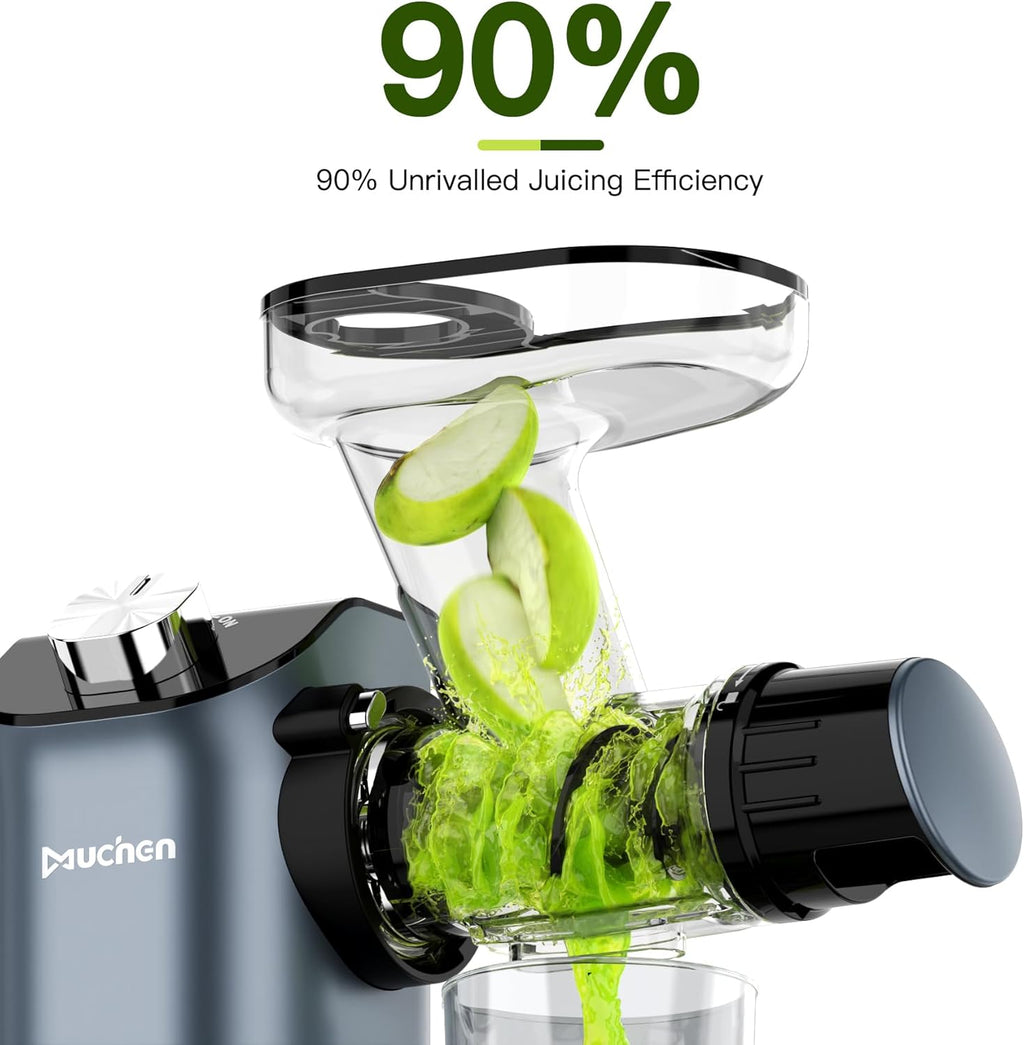 Muchen Slow Juicer Spremiagrumi Estrattore Frutta e Verdura, Vincitore del Test, Motore Silenzioso da 150W, Funzione di Retromarcia, Facile da Pulire, Design in Acciaio Inox Nero e Argento, Inclusivo di Ricettario
