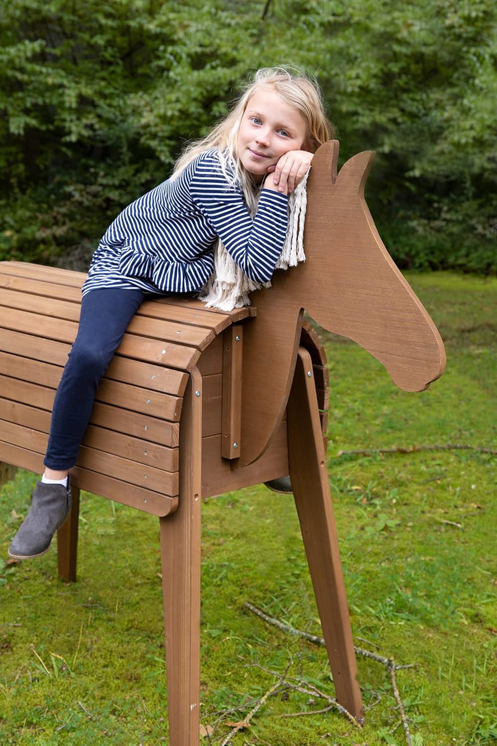 roba Cavallo di legno per il giardino - Cavallo da volteggio con criniera e coda - Cavallo giocattolo per ginnastica e cavalcare - Legno massiccio - Teak laccato