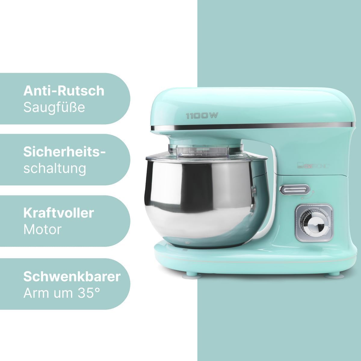 Clatronic Robot da Cucina retrò per impastare | Planetaria 5L con potente motore da 1100W | Impastatrice incluso gancio e frusta | Robot da cucina retrò con paraspruzzi e apertura di riempimento – KM 3711 rosa