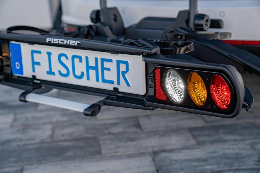 Fischer Portabici da Gancio Traino Proline Evo 2, per 2 biciclette fino a 60 kg di carico utile, adatto per e-bike, preassemblato, con serratura, pieghevole