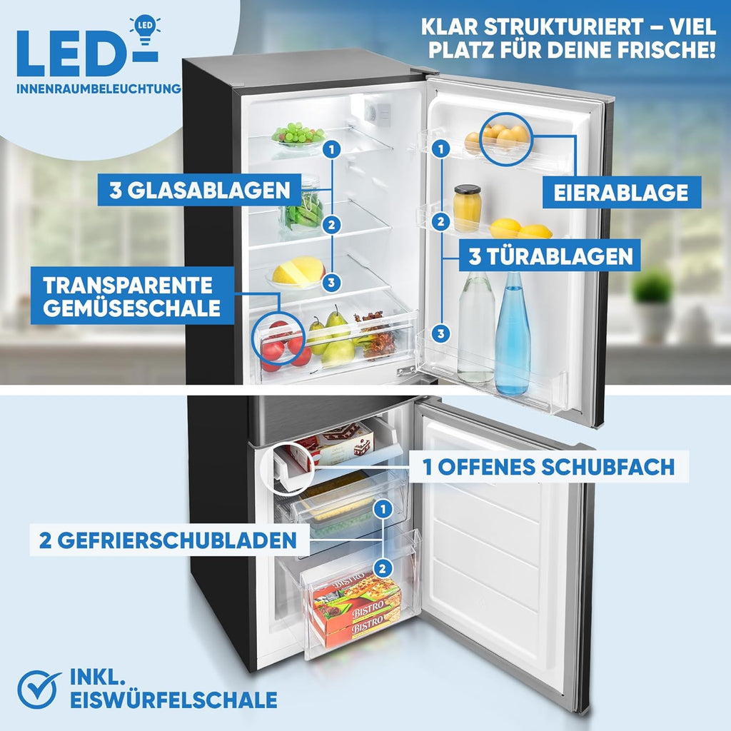 Frigorifero con congelatore Bomann | Combinazione Frigorifero Congelatore 173 L con 3 Ripiani e 3 Cassetti | Cerniera Porta Reversibile | Combinazione Frigorifero Congelatore Silenziosa 40 dB | Frigorifero KG 7359 Nero-inox