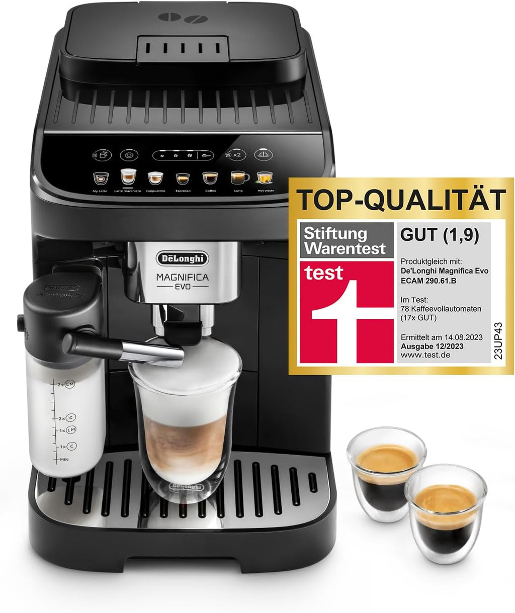 De'Longhi Magnifica Evo ECAM292.81.SB, macchina da caffè automatica con sistema latte, 7 tasti per selezione diretta di cappuccino, espresso e altre specialità di caffè, pannello di controllo, funzione 2 tazze, argento/nero