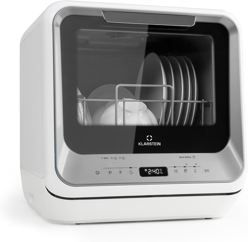 Klarstein ia Mini Lavastoviglie, lavastoviglie con spazio per 2 coperti, 6 programmi, richiede 5 litri d'acqua, display a LED, touch, lavastoviglie da tavolo incl. accessori, nero
