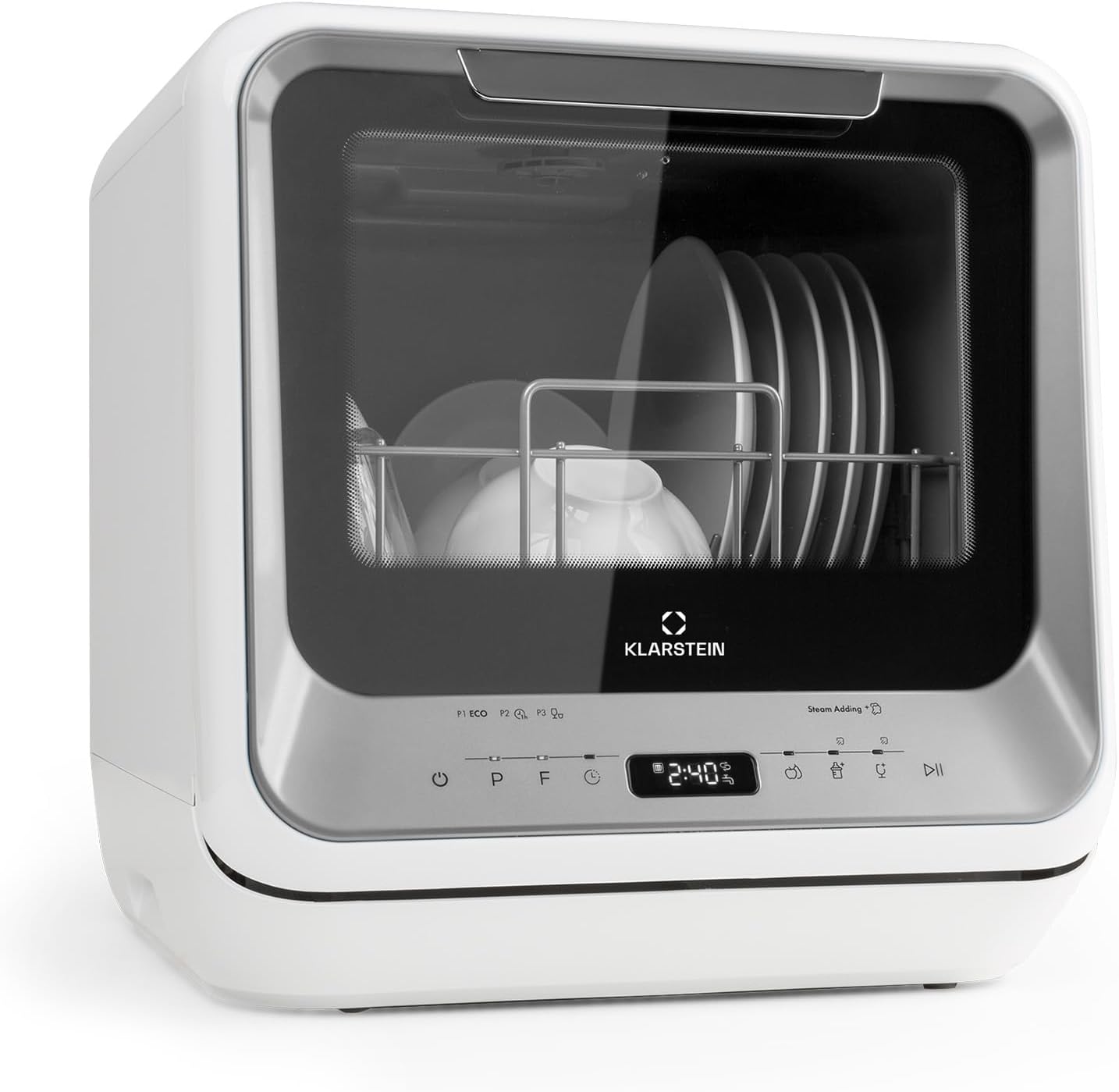 Klarstein ia Mini Lavastoviglie, lavastoviglie con spazio per 2 coperti, 6 programmi, richiede 5 litri d'acqua, display a LED, touch, lavastoviglie da tavolo incl. accessori, nero