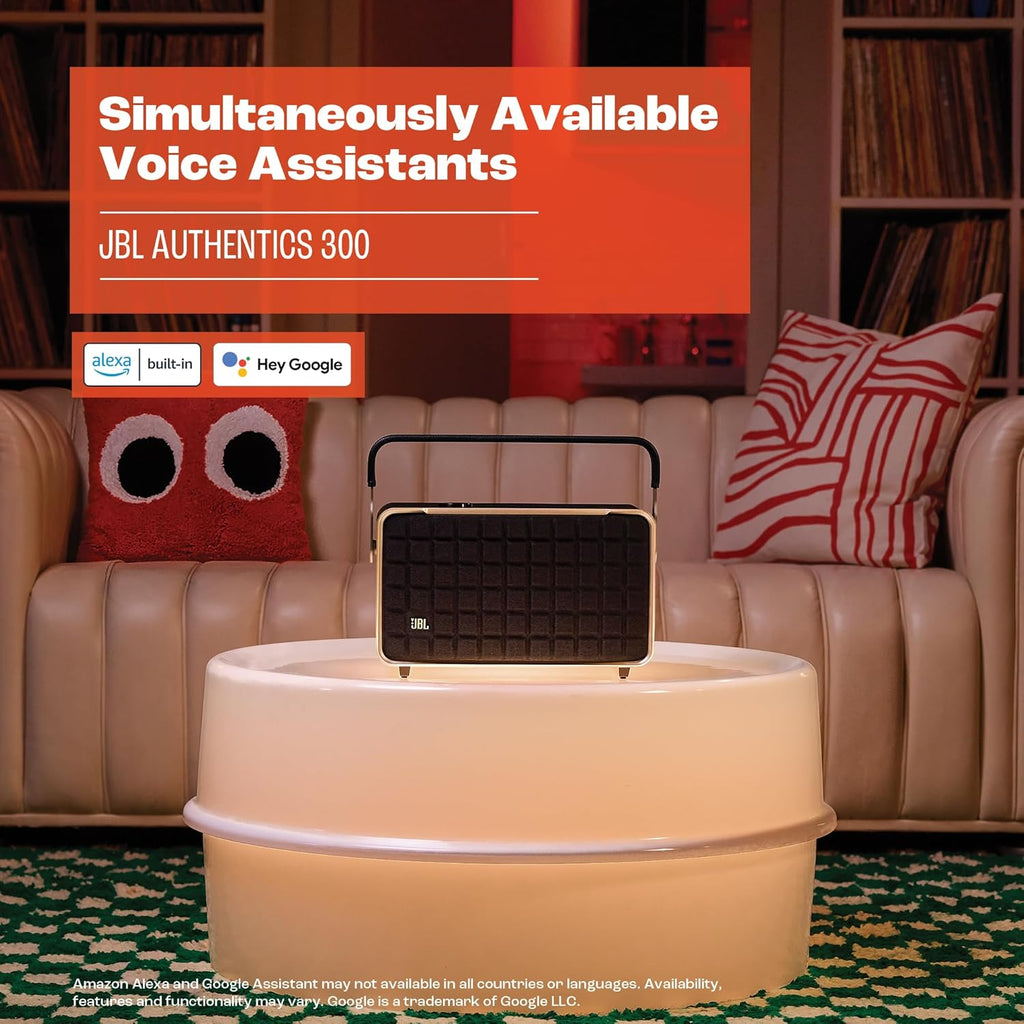 JBL Authentics 200 Smart Home Altoparlante – Cassa Bluetooth dal design retrò anni '70 – Con griglia Quadrex, Google Assistant, Alexa, AirPlay e JBL One App – Nero