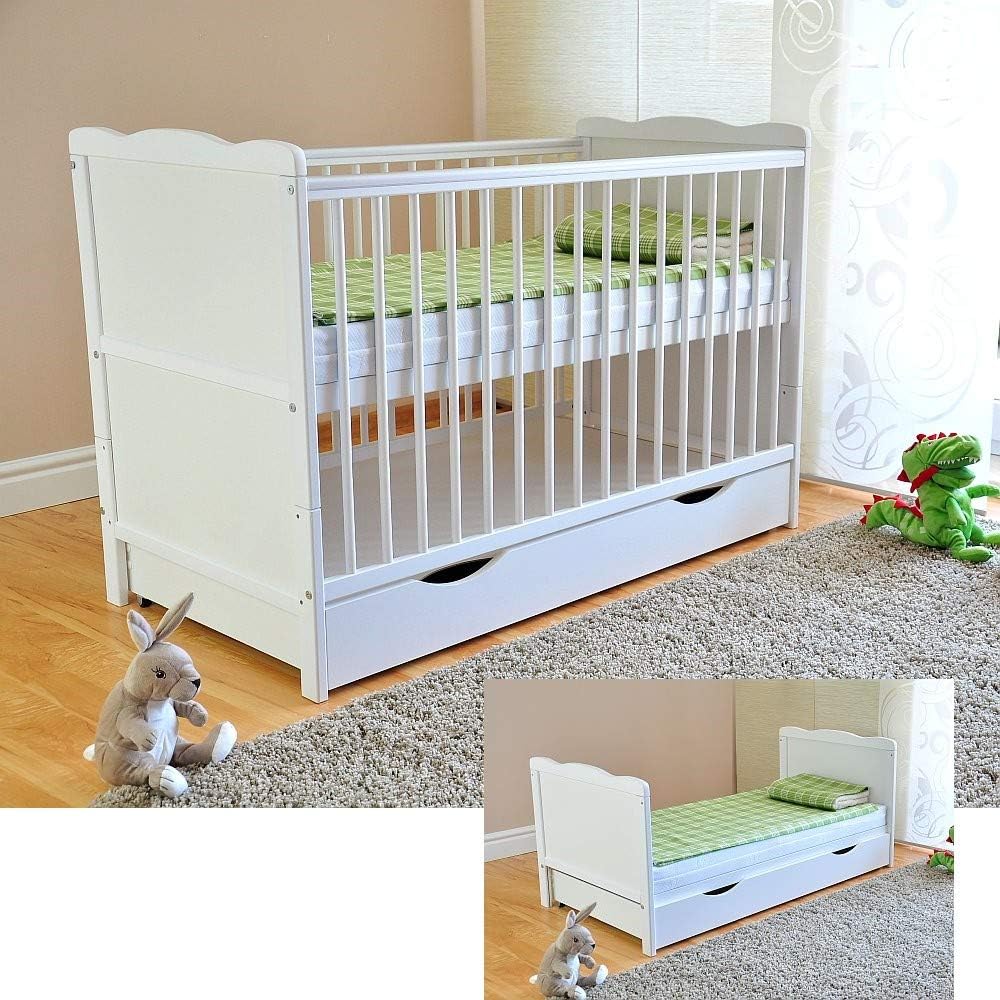 Marsell Lettino per bambini con cassetti con coperchio Lettino per bambini con materasso in schiuma Aloe Vera, protezioni per i denti regolabili in altezza, Bianco, trasformabile in lettino per ragazzi