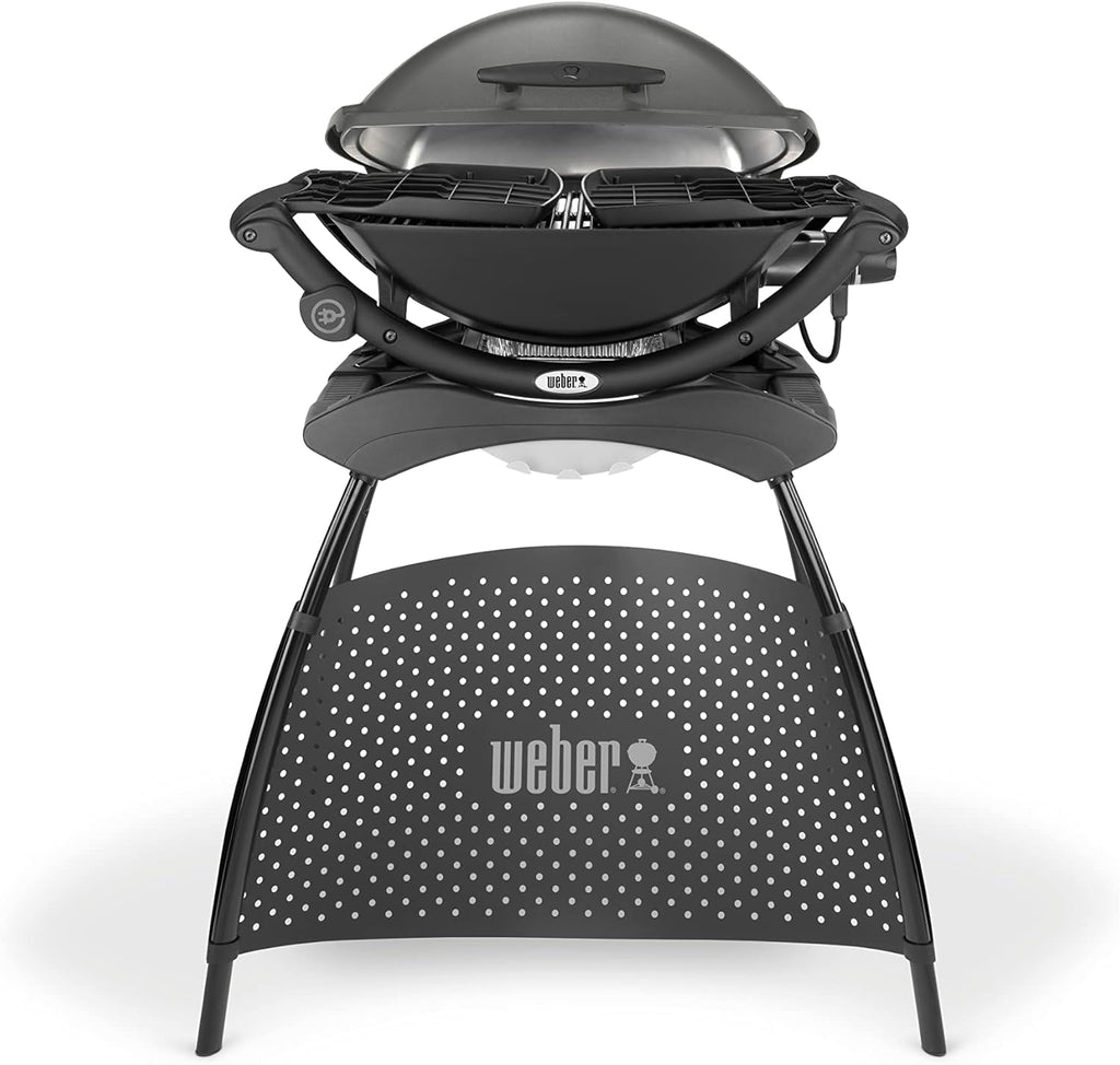 Weber Q2400 Barbecue elettrico con supporto + tavolini laterali, superficie di cottura 54 x 39 cm, portatile, griglia di cottura in ghisa smaltata in due pezzi, coperchio e braciere in ghisa d'alluminio - Grigio scuro (55020879)