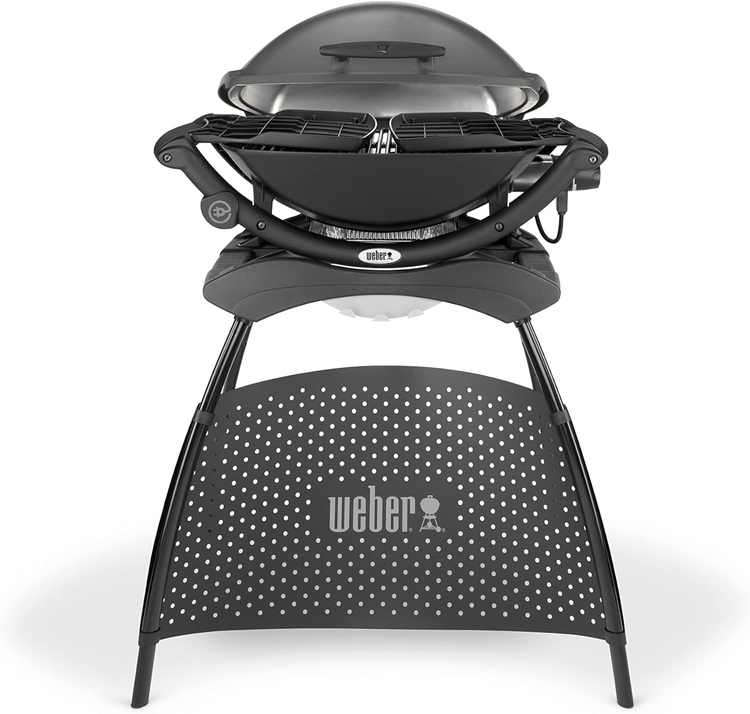 Weber Q2400 Barbecue elettrico con supporto + tavolini laterali, superficie di cottura 54 x 39 cm, portatile, griglia di cottura in ghisa smaltata in due pezzi, coperchio e braciere in ghisa d'alluminio - Grigio scuro (55020879)