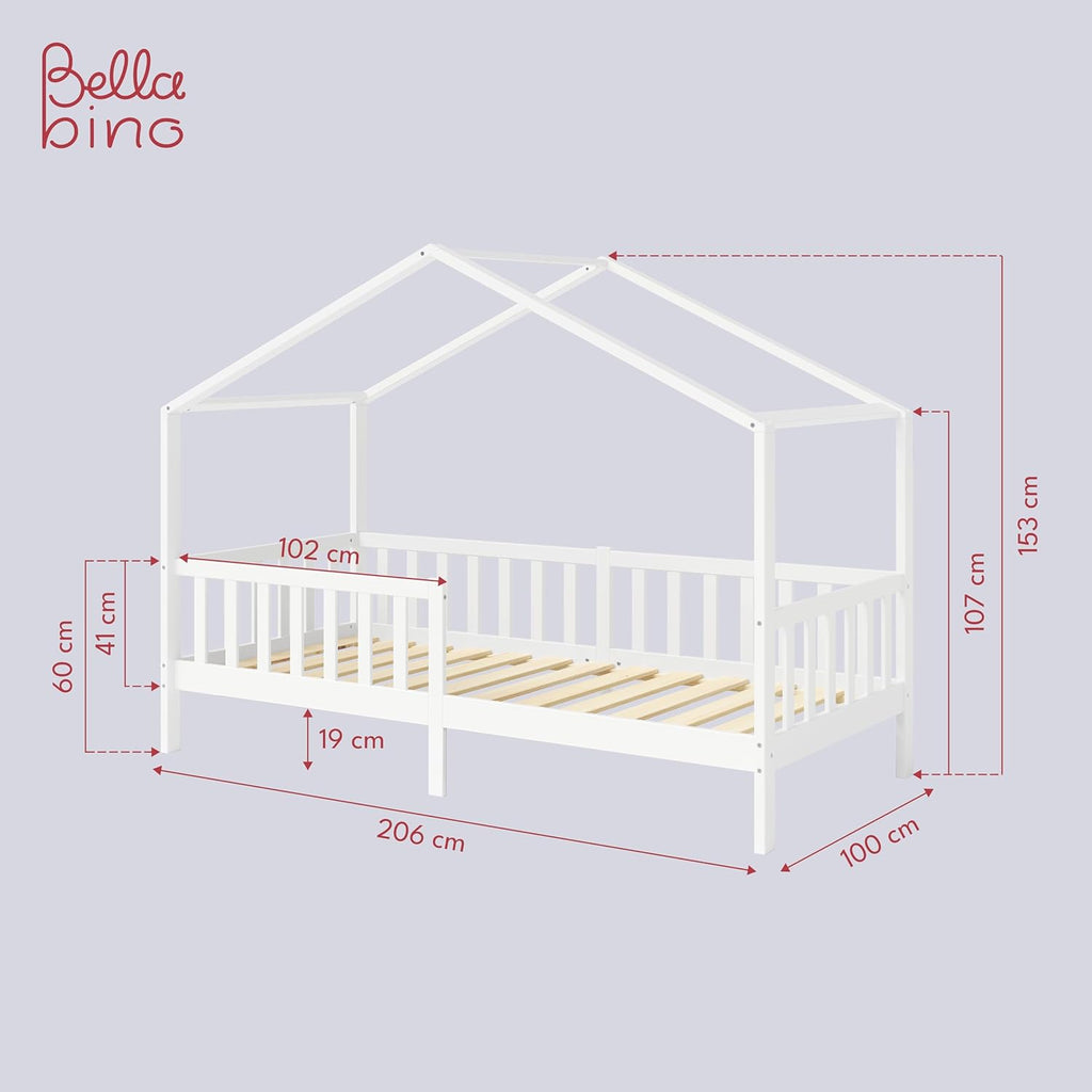 Bellabino Lettino per bambini Bia 140x200 cm, letto a capanna per bambini con protezione anticaduta e rete a doghe arrotolabile, letto a terra Montessori bianco in legno massello di pino