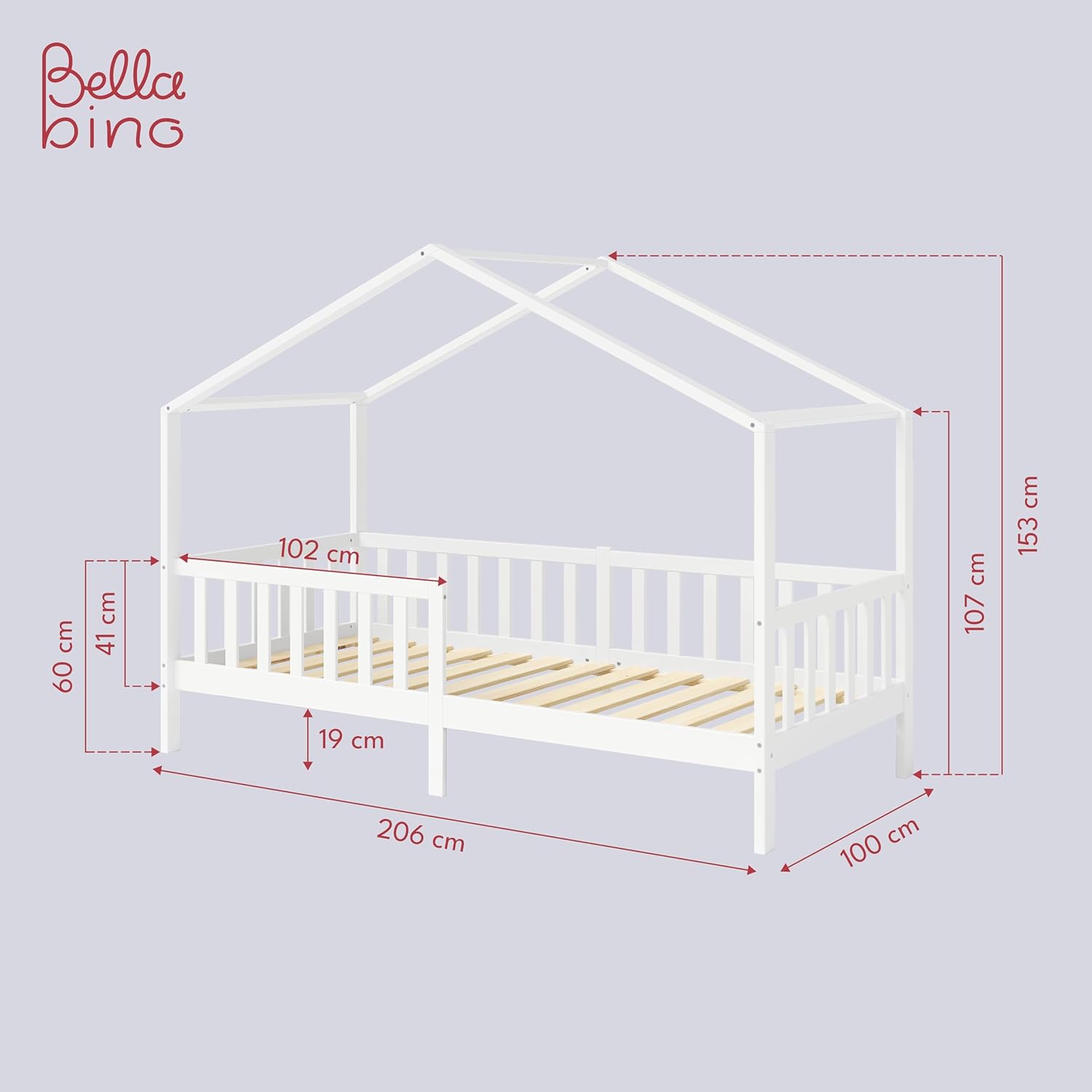 Bellabino Lettino per bambini Bia 140x200 cm, letto a capanna per bambini con protezione anticaduta e rete a doghe arrotolabile, letto a terra Montessori bianco in legno massello di pino