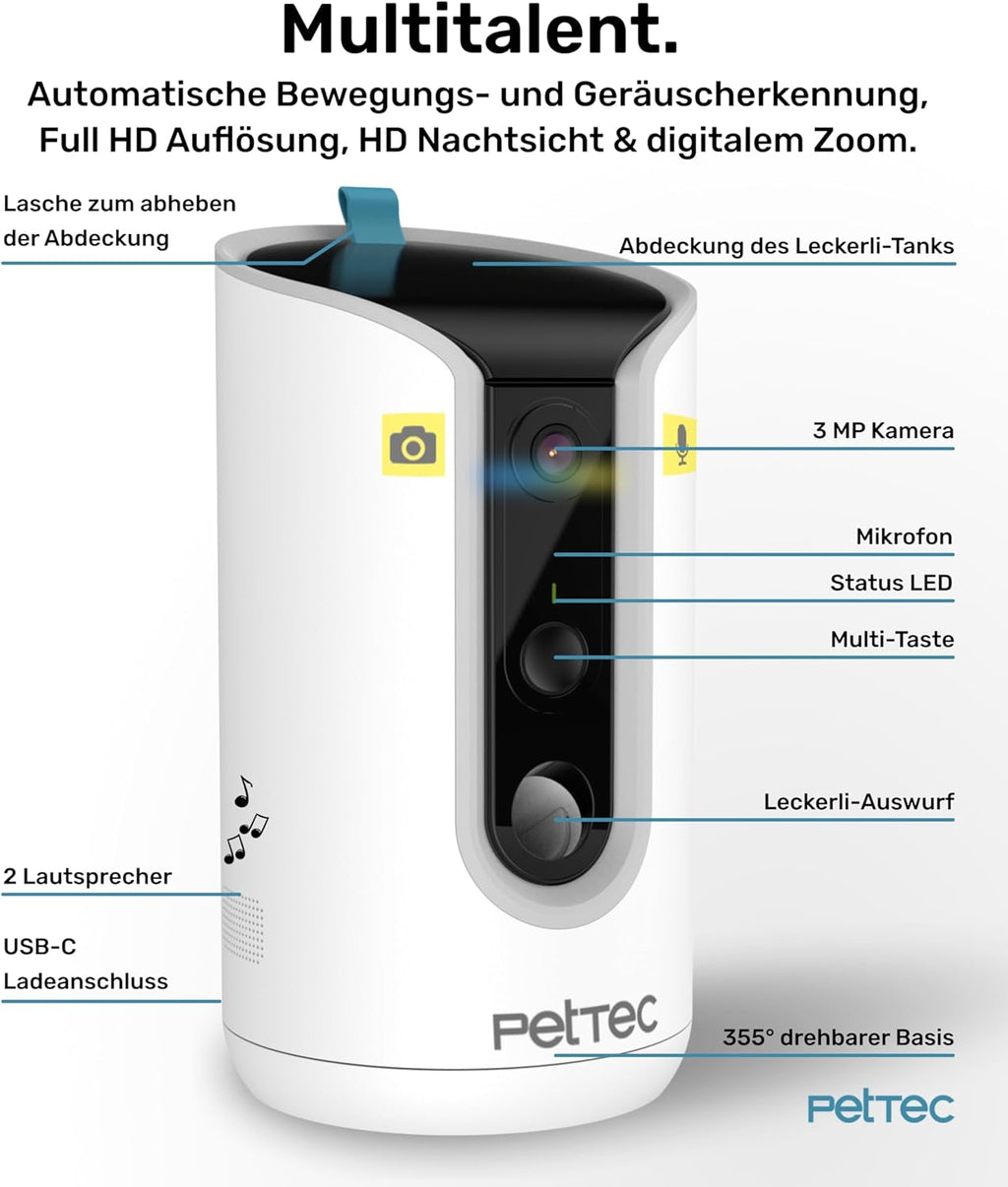 PetTec – Pet Cam Buddy Haustierkamera Futterautomat 8L für Katzen- & Hunde-Trockenfutter – Automatischer Futterspender mit WLAN & App-Steuerung -Inkl. 2-Wege-Audio, Bellerkennung & Nachtsicht