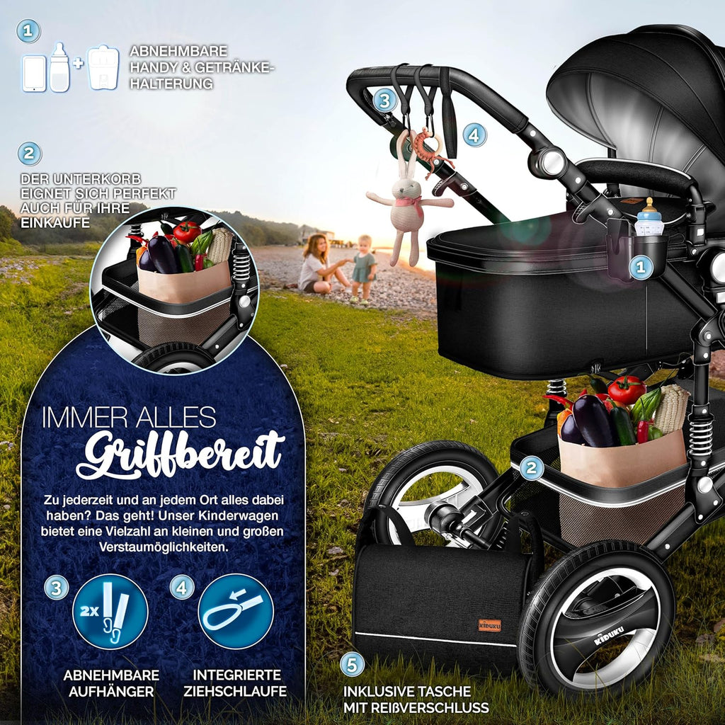 KIDUKU® Set completo passeggino 3 in 1 | Set passeggino combinato con navicella e sedile sportivo passeggino e seggiolino auto ovetto sacco a pelo | Ruote in gomma piena borsa per il cambio scaldamani parapioggia tavolino ECE R129