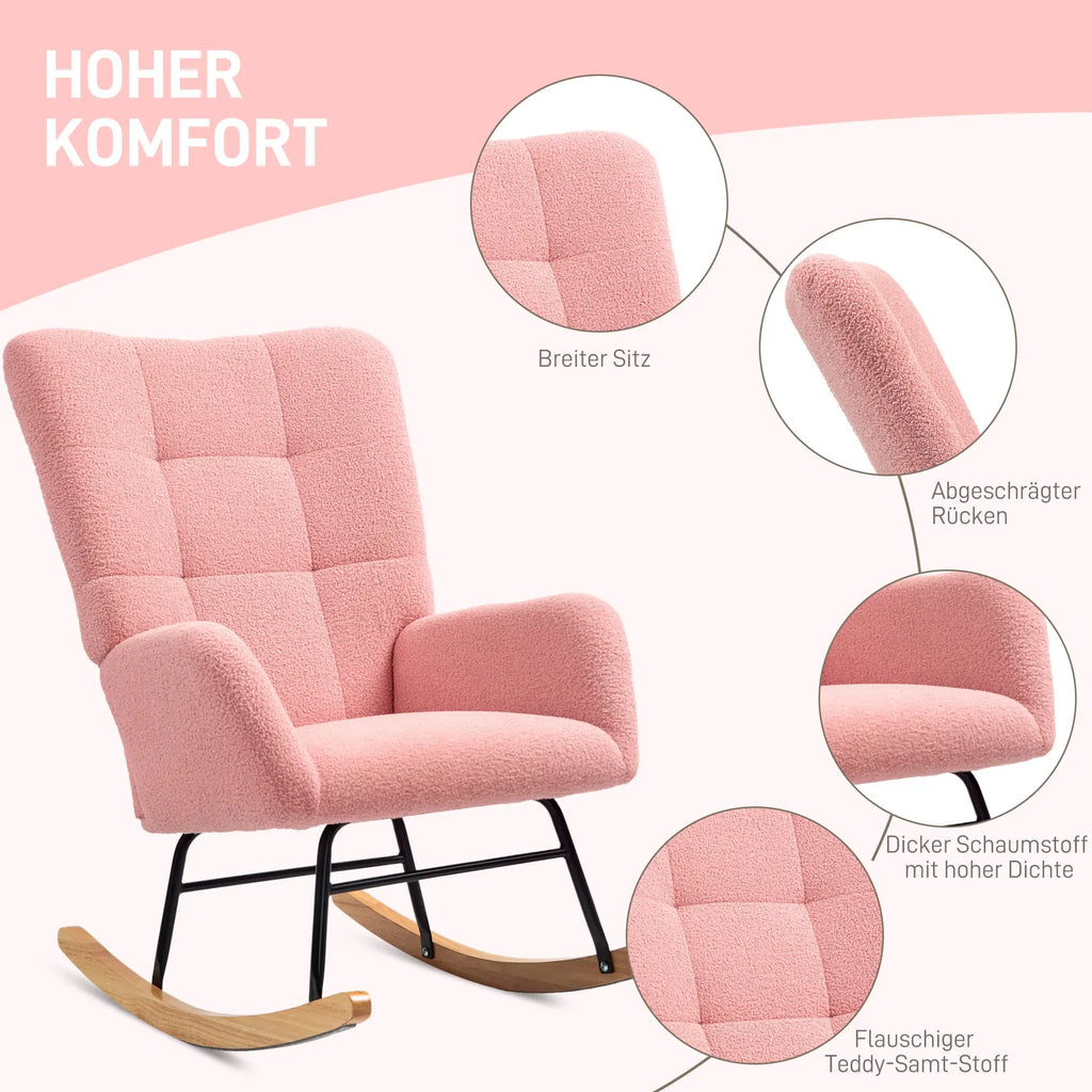 HOMCOM Schaukelstuhl Schwingsessel sanftes Schaukeln Teddysamt Rosa