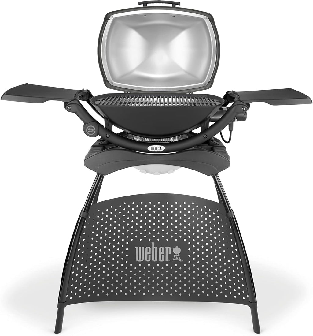 Weber Q2400 Barbecue elettrico con supporto + tavolini laterali, superficie di cottura 54 x 39 cm, portatile, griglia di cottura in ghisa smaltata in due pezzi, coperchio e braciere in ghisa d'alluminio - Grigio scuro (55020879)