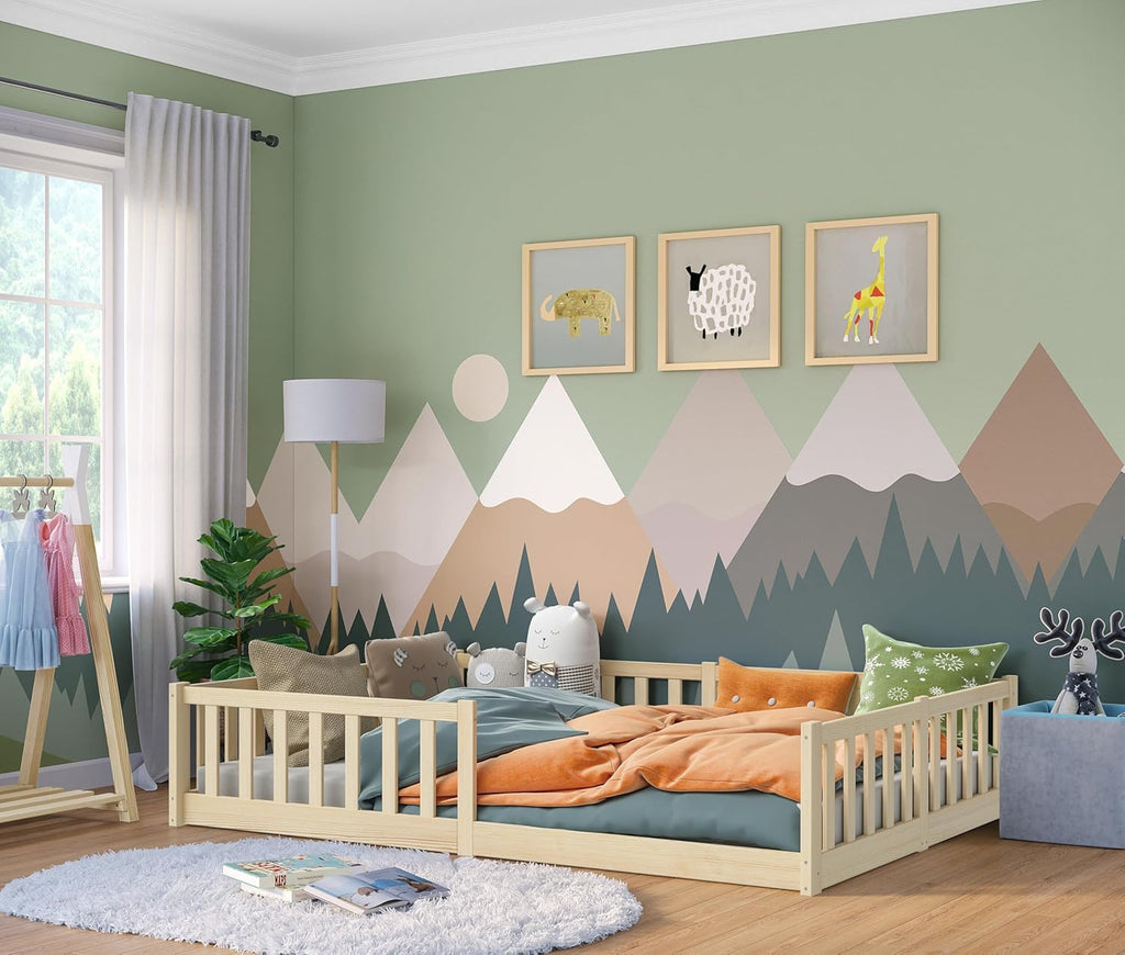 Bellabino Vere Letto a Pavimento 140x200 Montessori, Letto Matrimoniale con Protezione Anticaduta e Rete a Doghe, Letto per Bambini e Bambine in Legno Massello di Pino Bianco con Sbarre