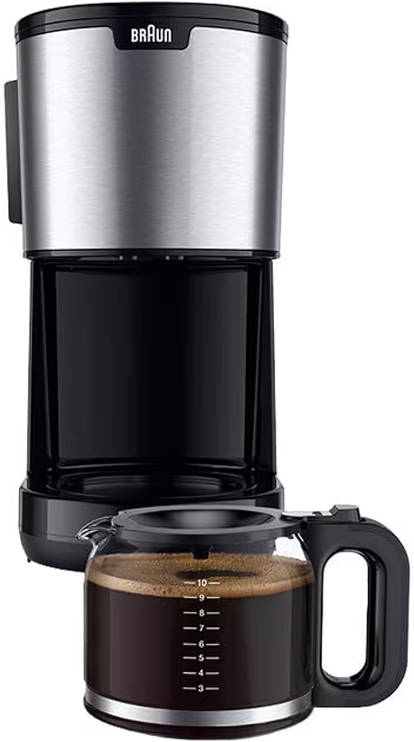 Braun PurShine KF1505 BK Filterkaffeemaschine, 1,2L Edelstahl-Thermokanne für bis zu 9 Tassen, OptiBrew-System, Tropf-Stopp-Funktion, schwenkbarer Filterkorb, Automatische Abschaltung, 1000W, Schwarz